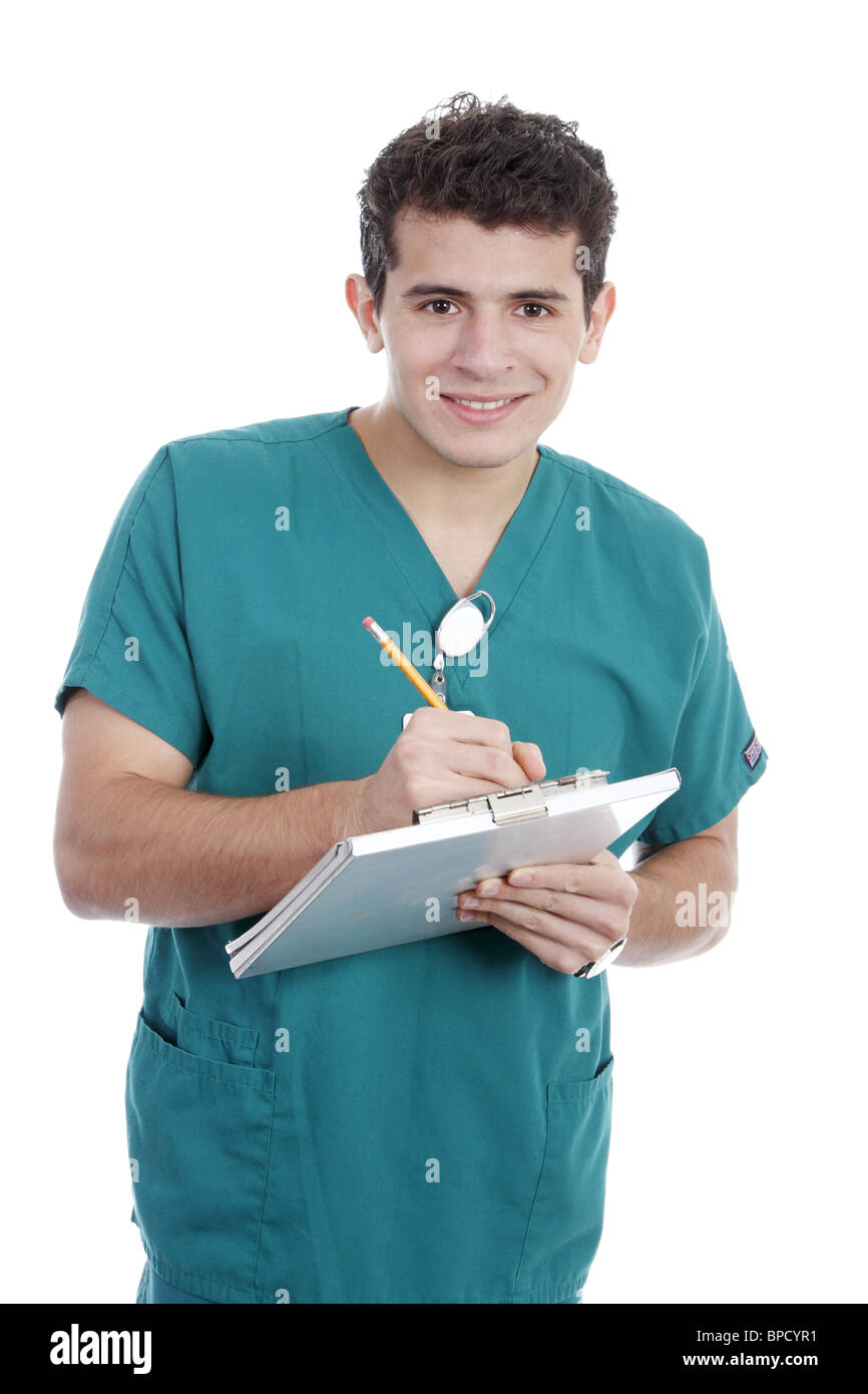 Male nurse filling out a patient chart Stock Photo