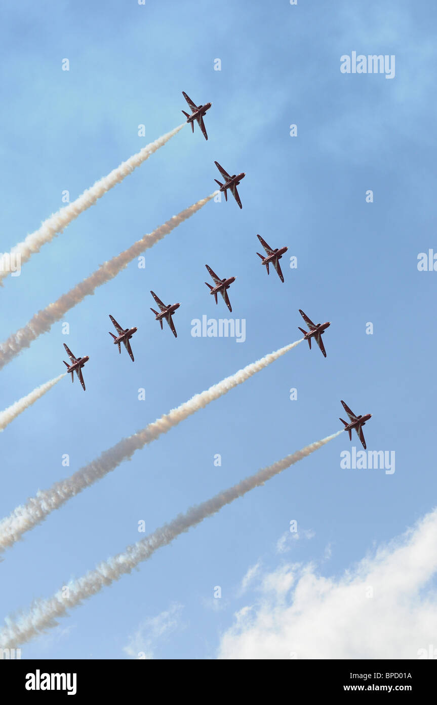 The RAF Red Arrows aerobatic team display at the 2010 Royal International Air Tattoo, Fairford, England Stock Photo