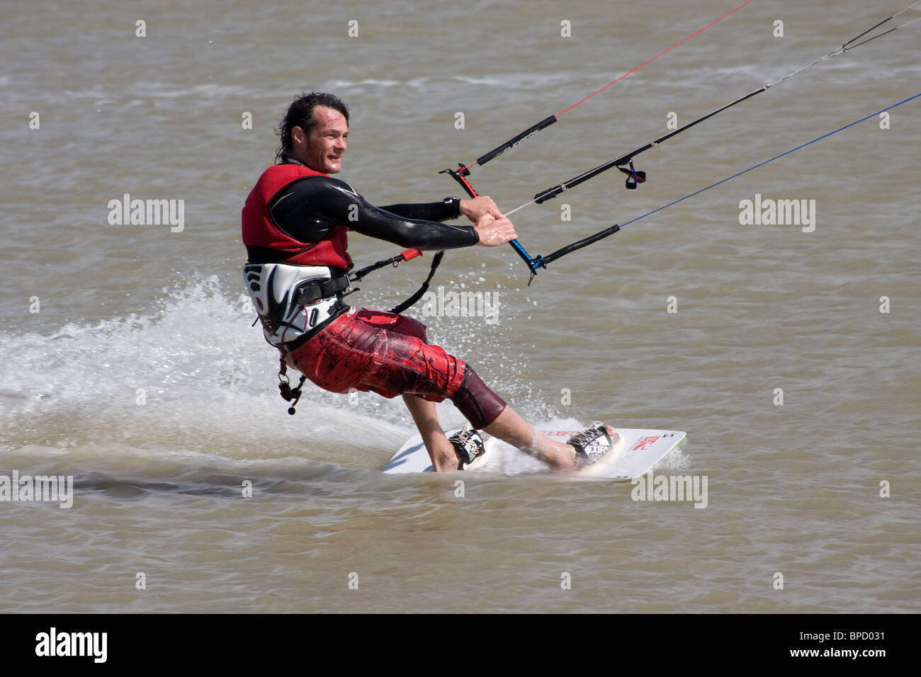 Richard Branson first kitesurfing kite surfing kiteboarding boarding  attempt ends due to high winds in the English Channel Stock Photo - Alamy