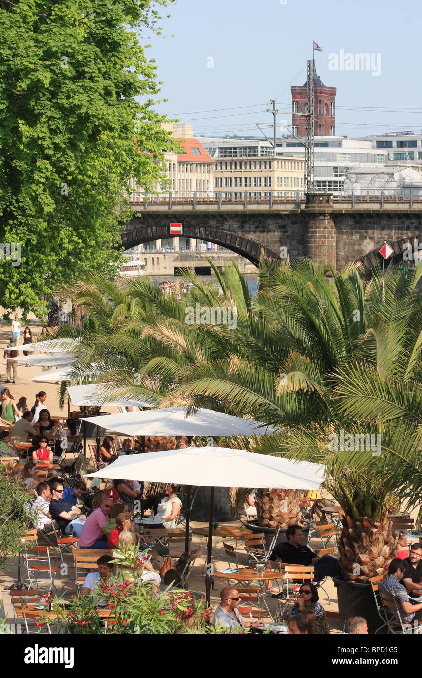 A beach bar with palm trees on the Museum Island, Berlin, Germany Stock Photo