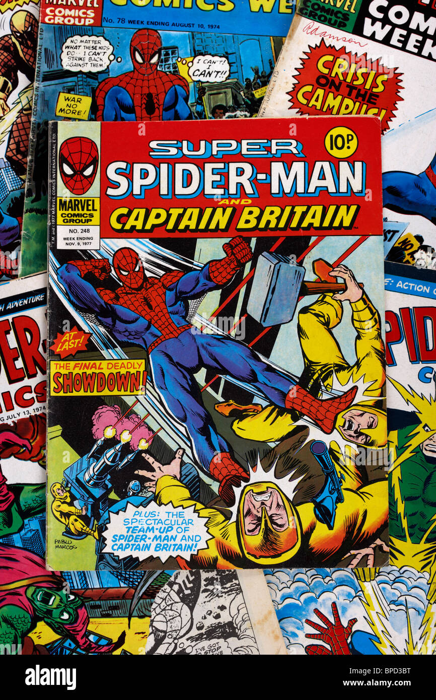 spider-man and super spiderman marvel group comic books from the 1970s in the uk Stock Photo