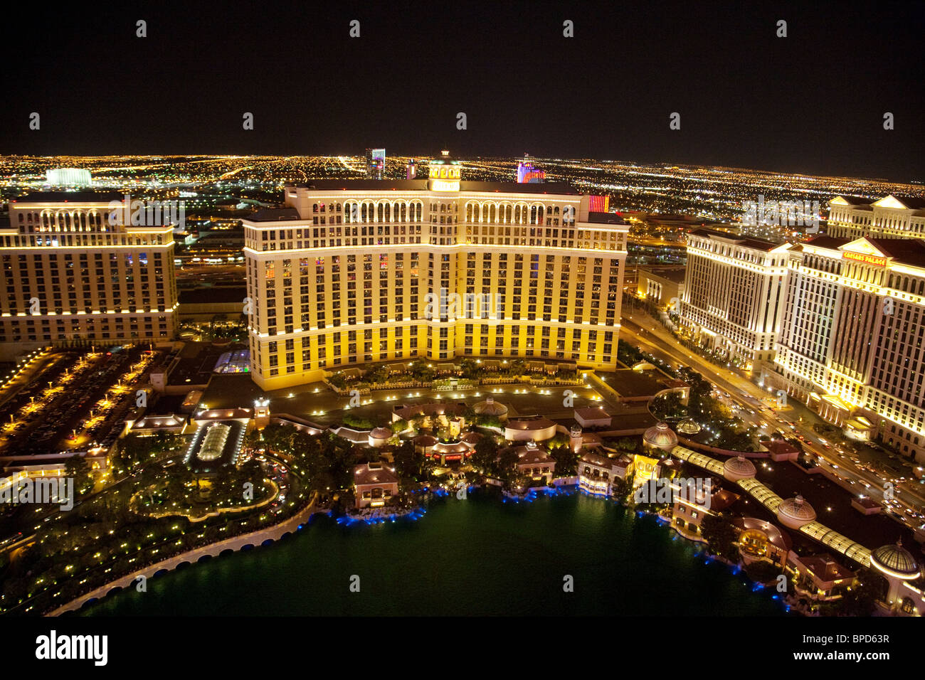 The Bellagio Hotel at night, seen from the top of the eiffel tower, the Paris Hotel, The Strip, Las Vegas, Nevada USA Stock Photo