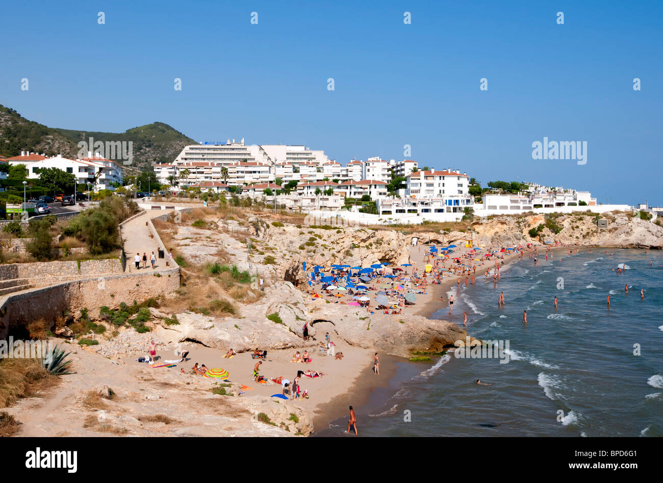 View across one of the beaches in Sitges, Spain. Sitges is the coastal