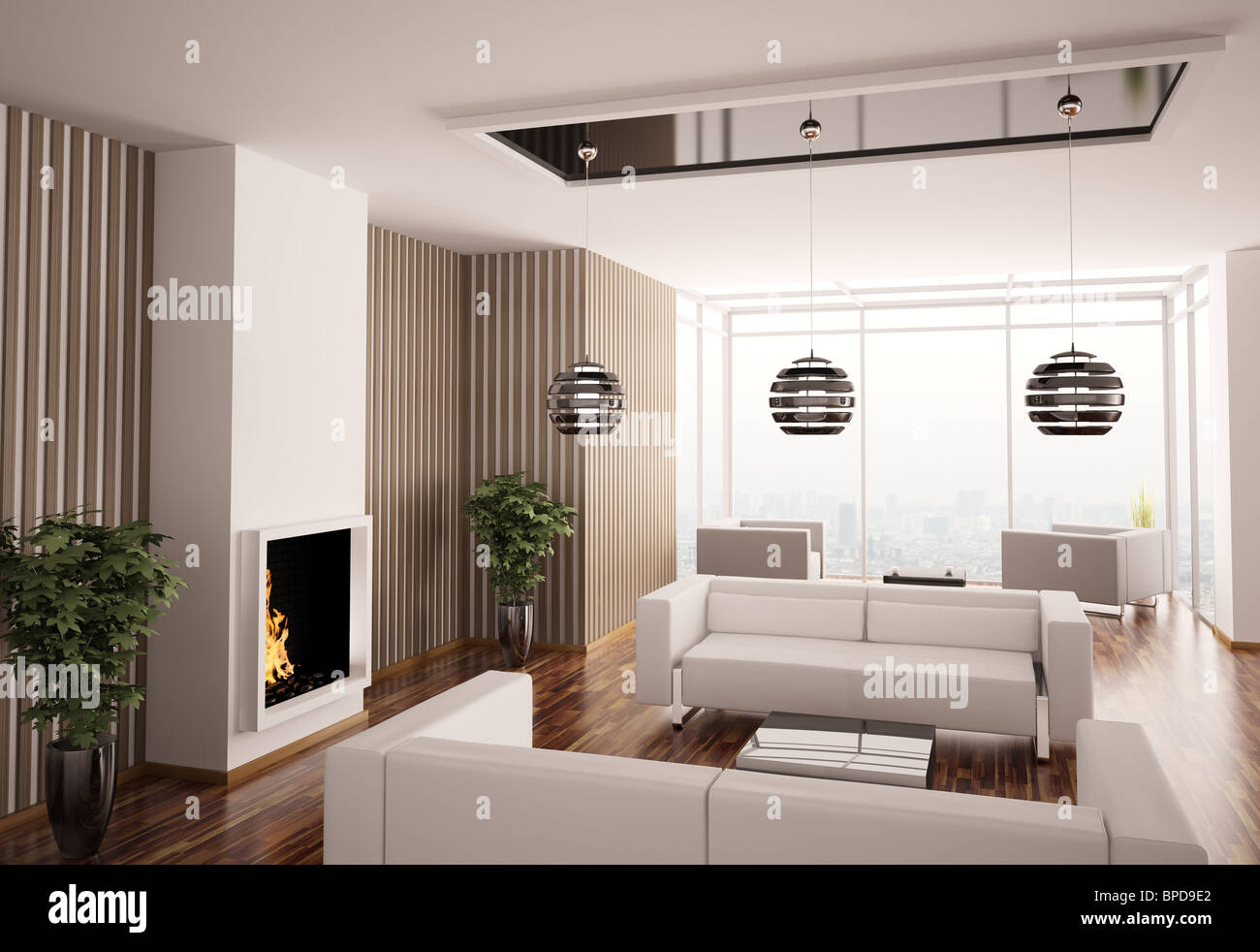 Interior of living room with fireplace 3d render Stock Photo - Alamy