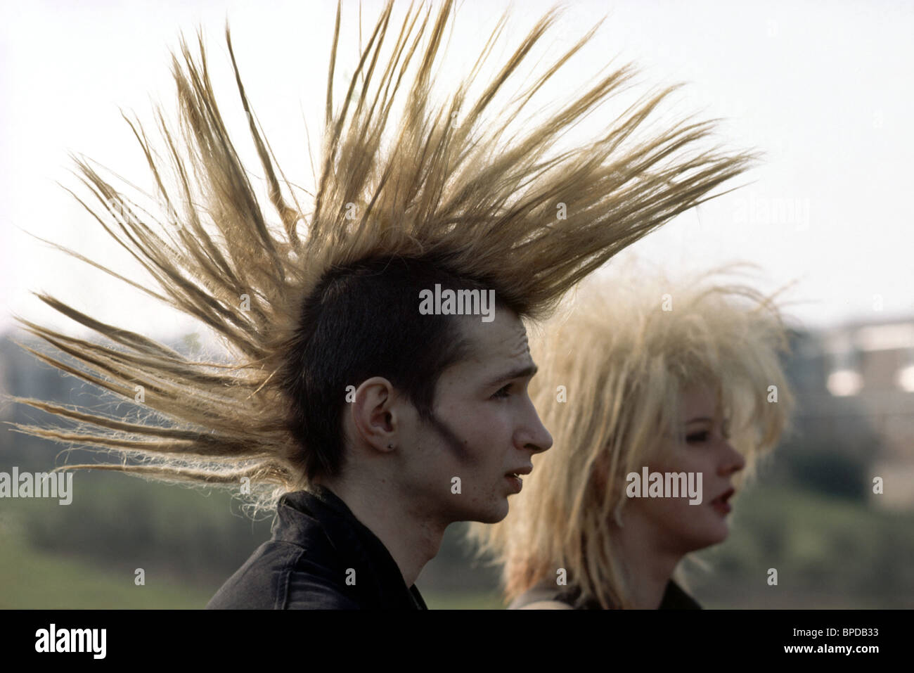 Profile of punk with a long spiked mohican hairstyle Stock Photo