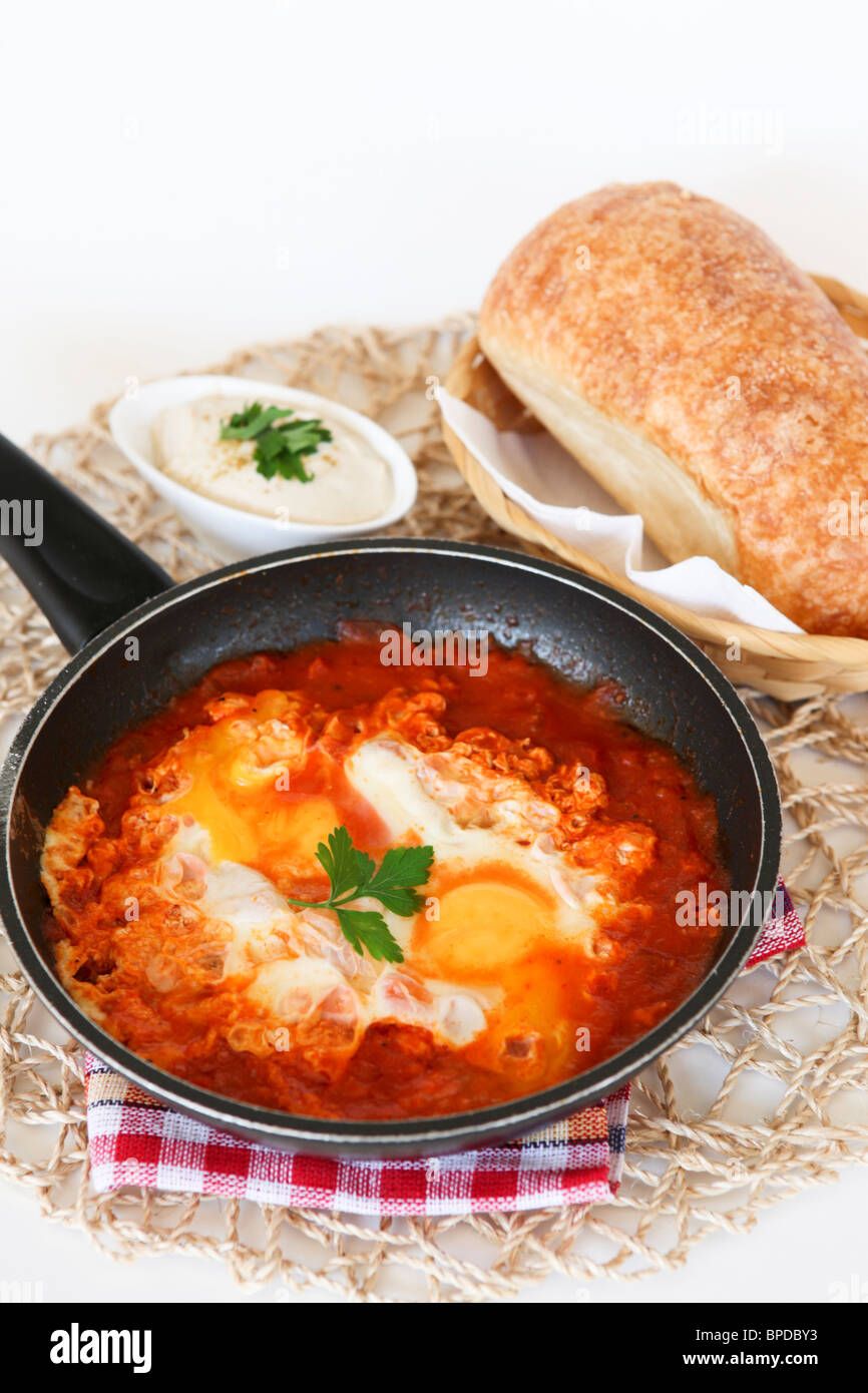 Shakshouka a spicy Middle Eastern dish consisting of poached or fried