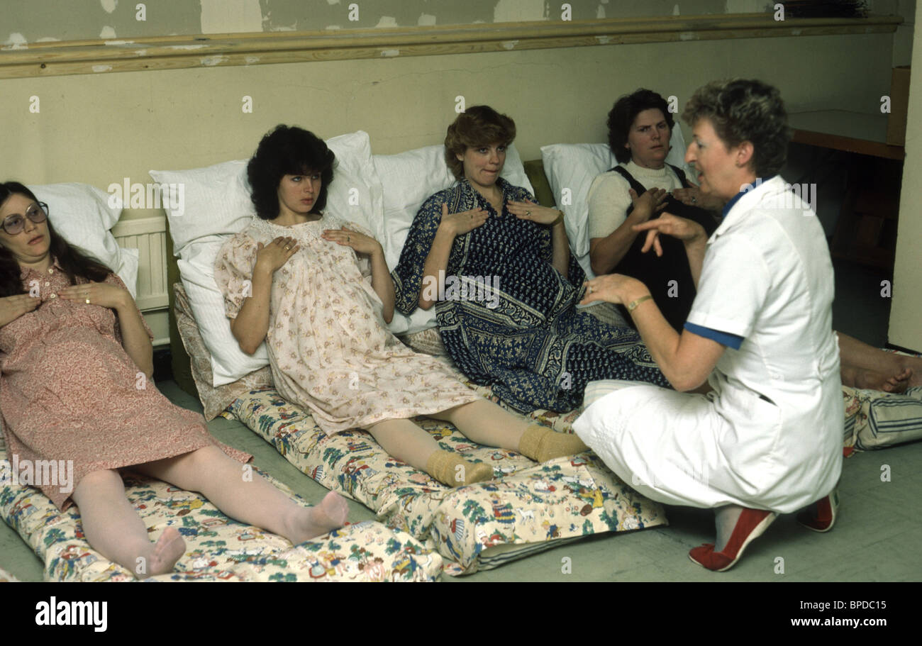 historical image of an anti-natal class in the late seventies Stock Photo