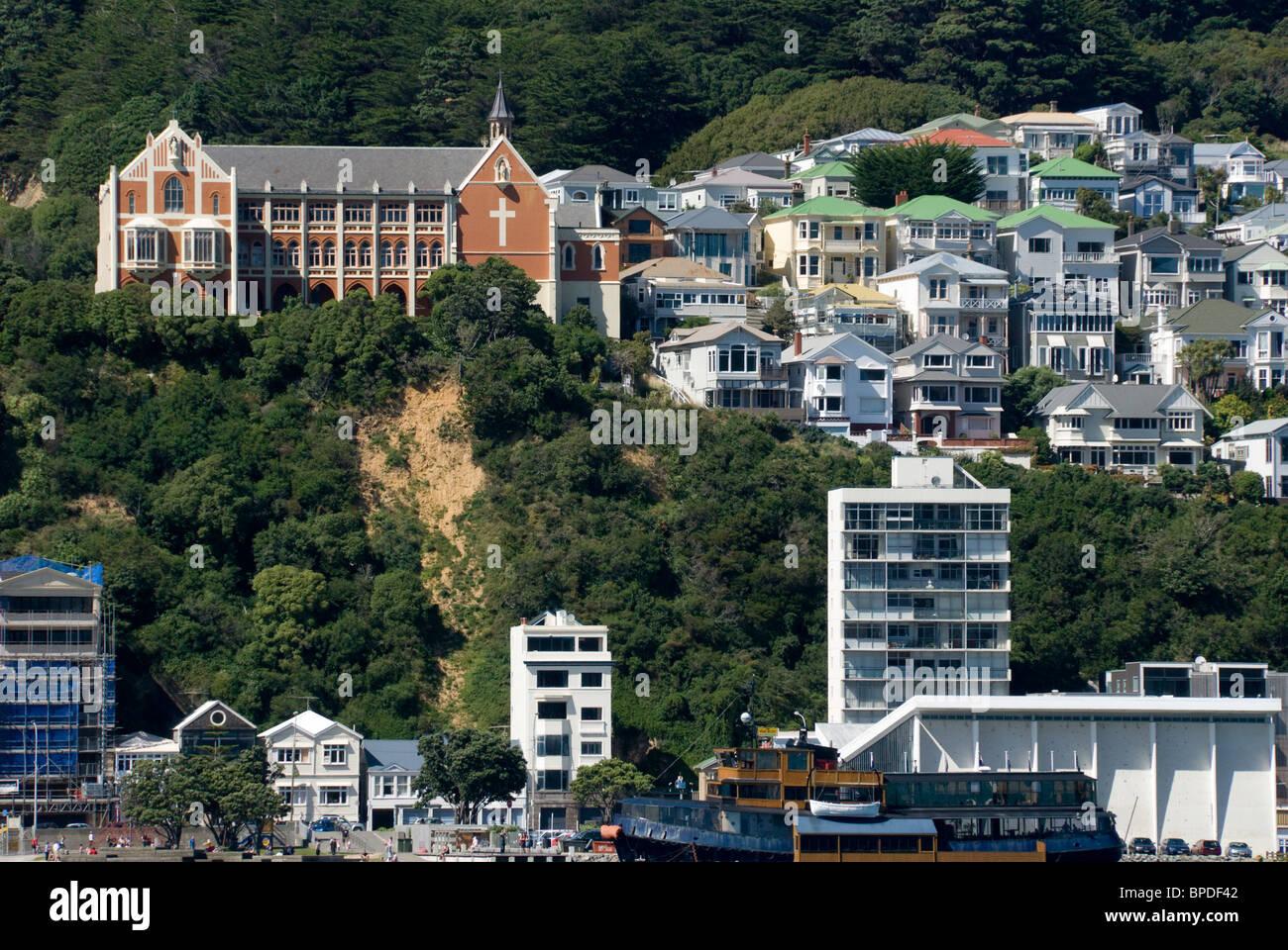 Houses and monastery on hillside, Mount Victoria, Wellington, North Island, New Zealand Stock Photo