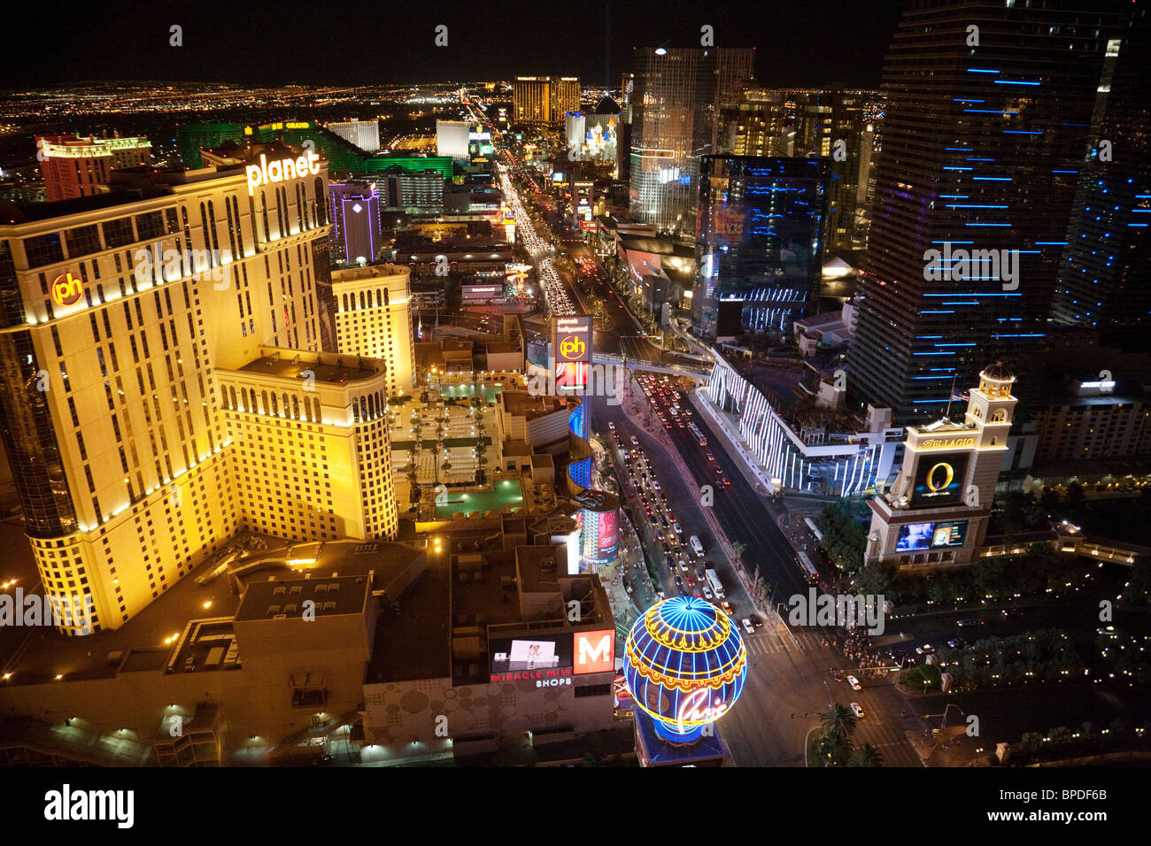 The strip, Las Vegas at night,  looking South, seen from the top of the Eiffel Tower, The Paris Hotel Stock Photo