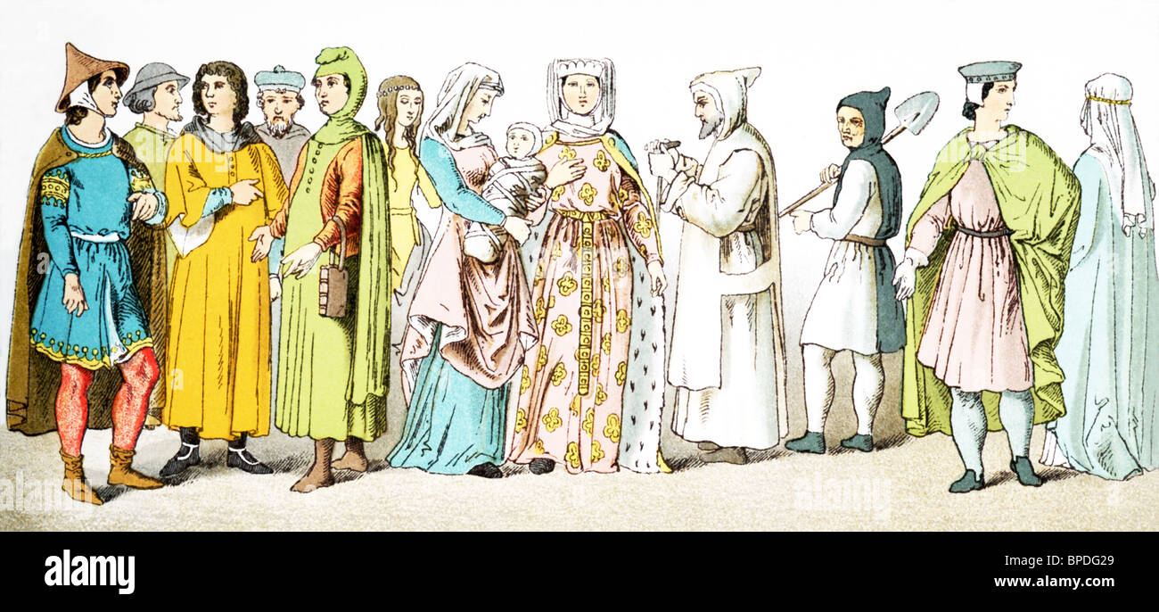 French people (c. 1200): seven citizens, a lady of rank, a Carthusian friar, a minister of order 'de la Trappe,' two nobles. Stock Photo