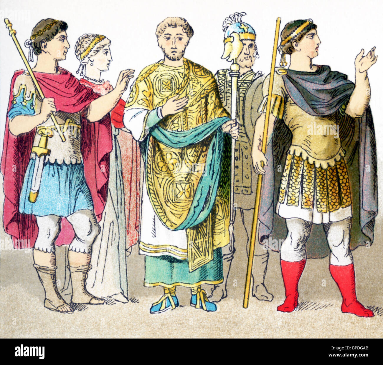 Byzantines between 300 and 700: Theodosius (379), his consort Aelia Flacilia, consul (428), Heraclius (641), Justinian (656). Stock Photo
