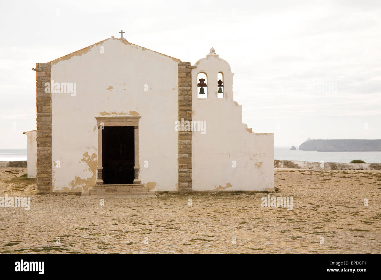 A chapel within the Fortaleza de Sagres (Sagres Fortress) on the Algarve in Portugal. Stock Photo