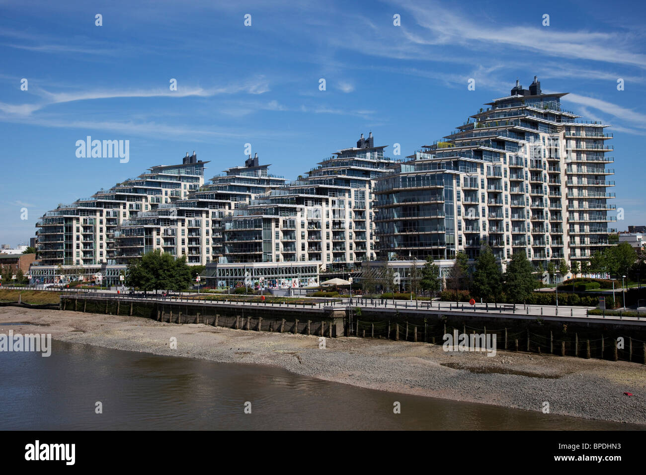 Modern apartment buildings on the river Thames at Wandsworth, London