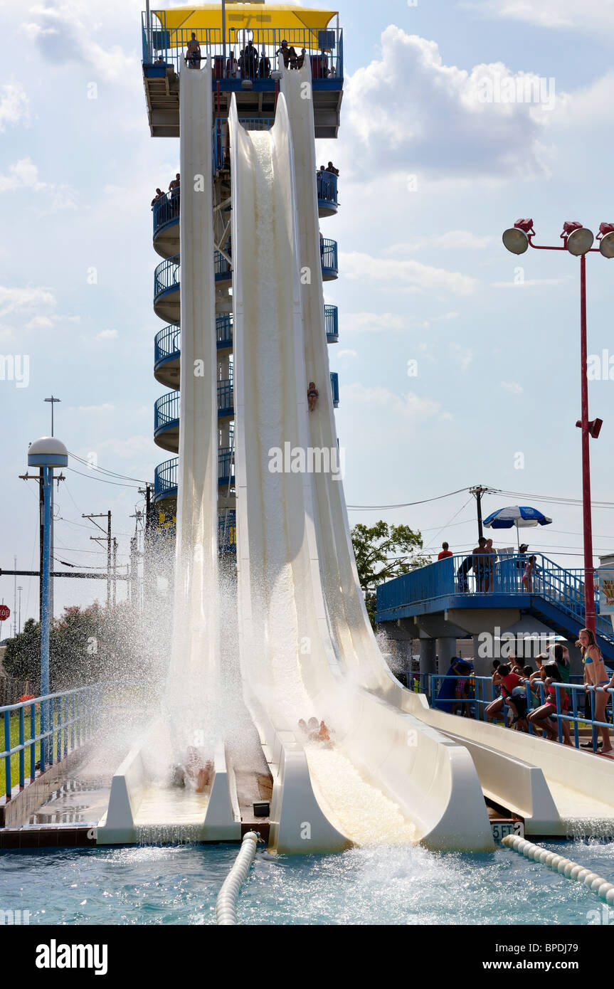 Water slide at Hurricane Harbor waterpark , Six Flags Over Texas amusement park, Arlington, TX, USA Stock Photo