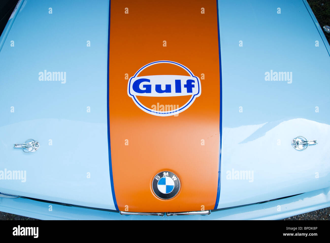 Bonnet of classic BMW 3-series in traditional Gulf Oil racing livery. Stock Photo