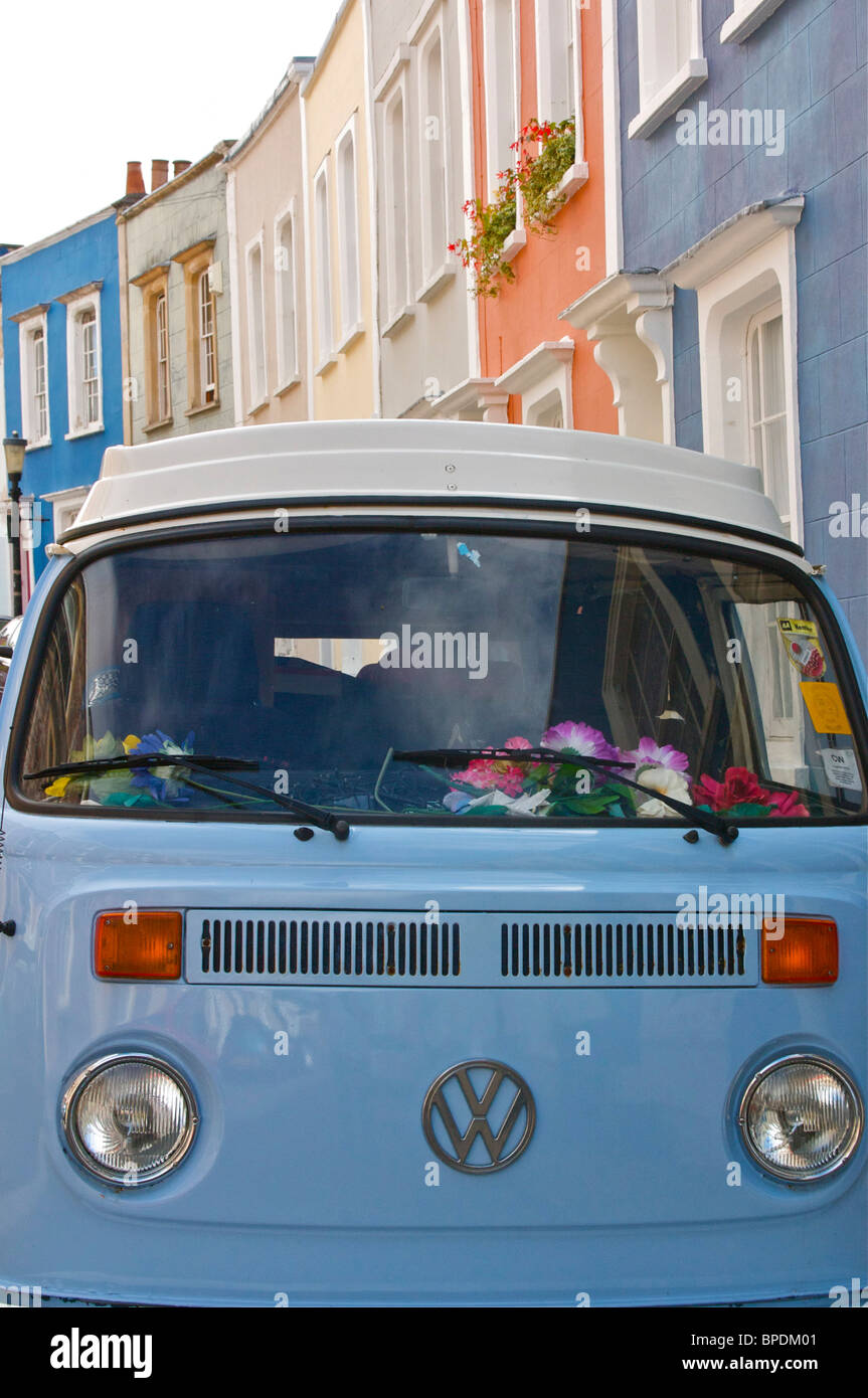 Blue VW Combie Van and colourful houses, Clifton, Bristol Stock Photo