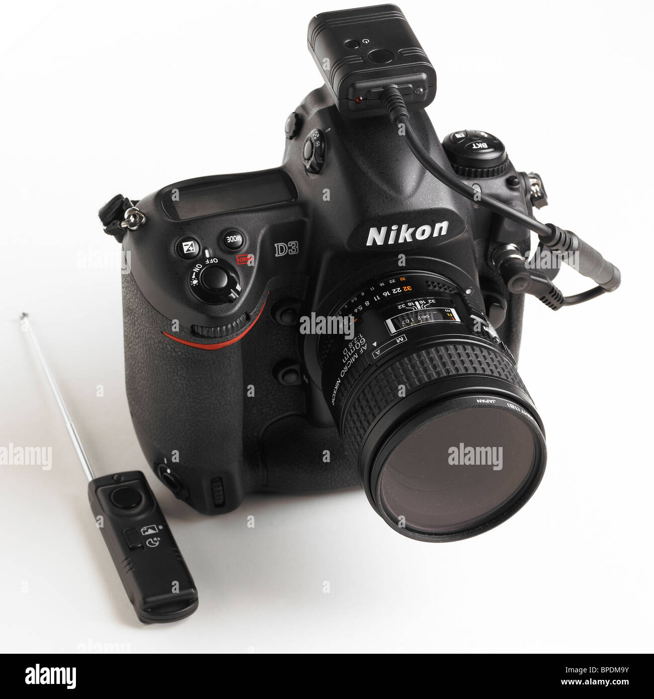 Nikon D3 Camera Fitted With Wireless Infrared Remote Shutter Release On White Background Stock Photo