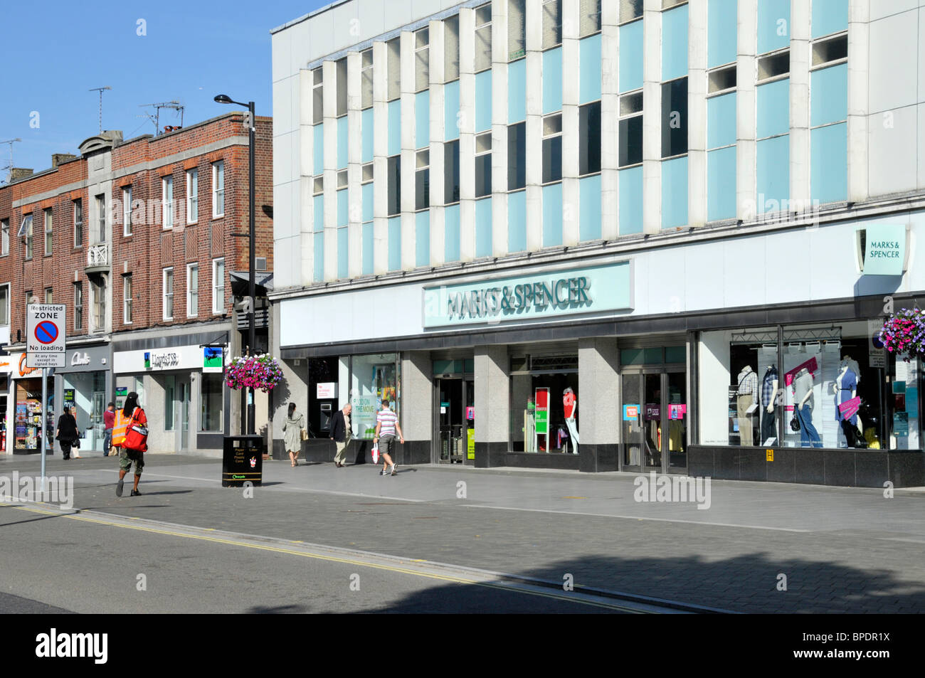 Brentwood shopping High Street and wide pavement Marks and Spencer