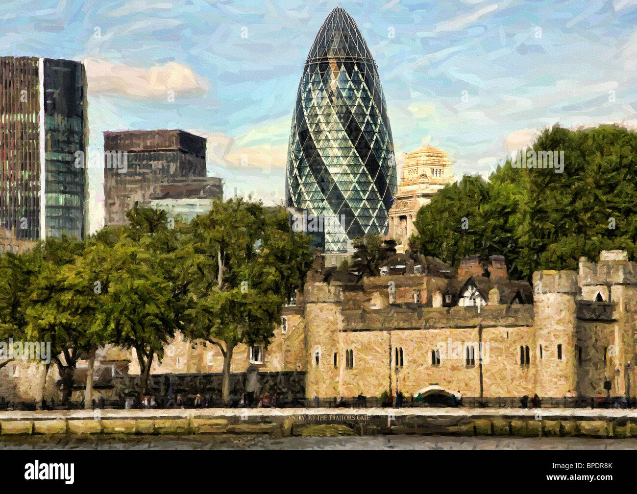 A photograph  of part of The Tower of London with the 'Gherkin' in the background Stock Photo