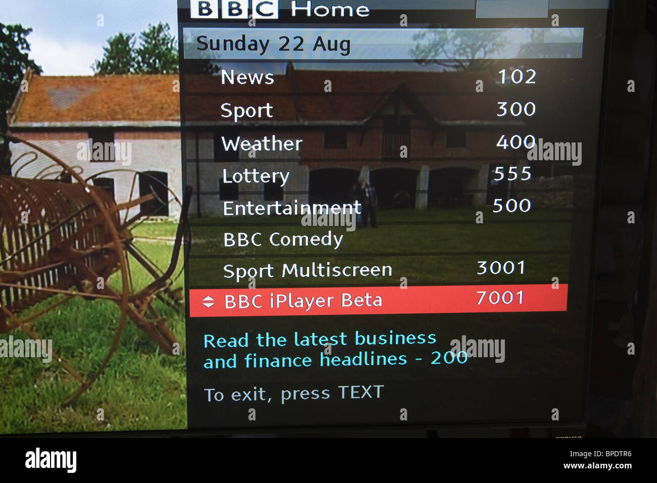 Close up of a flat screen television set showing the choice of BBC i Player BETA home page on Freesat Stock Photo