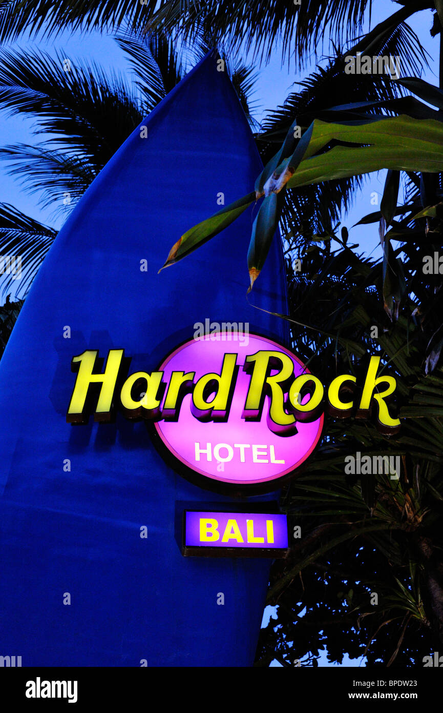 Illuminated Sign For The Hard Rock Cafe Kuta Bali As Night Falls Stock Photo Alamy