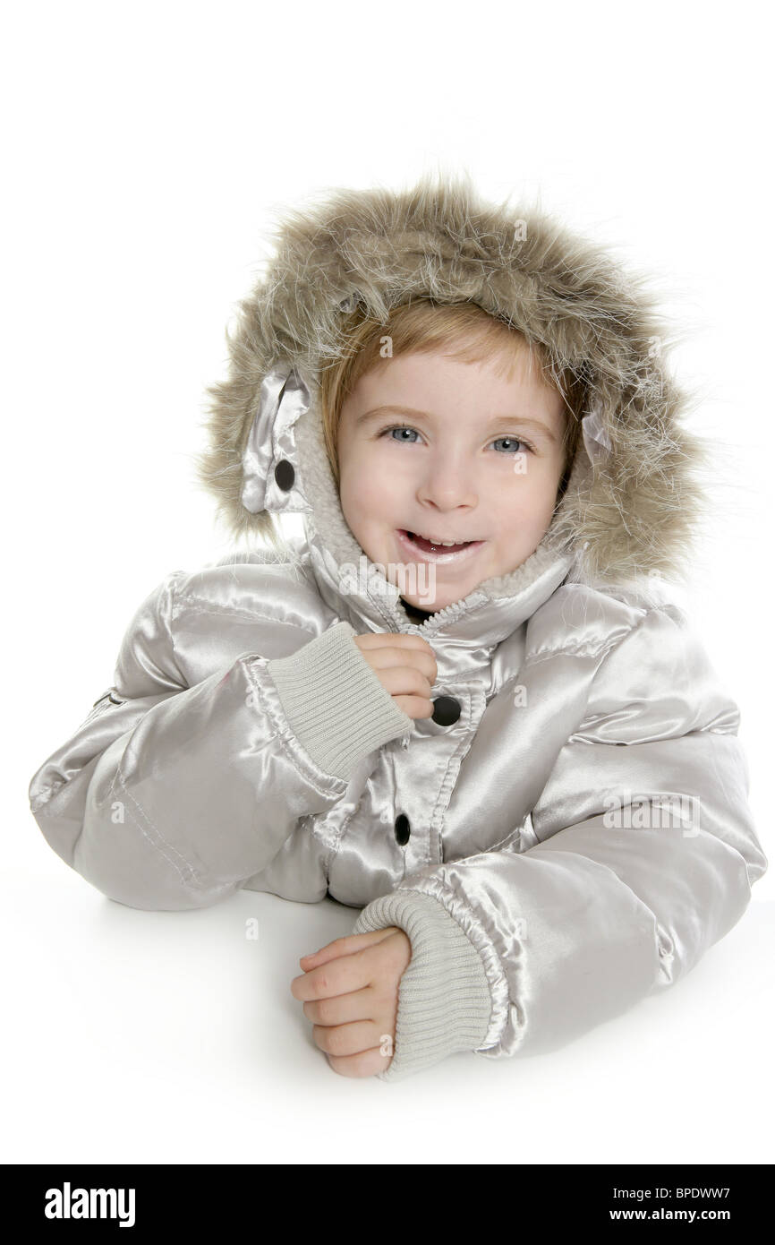 silver fur hood winter coat little girl portrait white background Stock Photo Alamy
