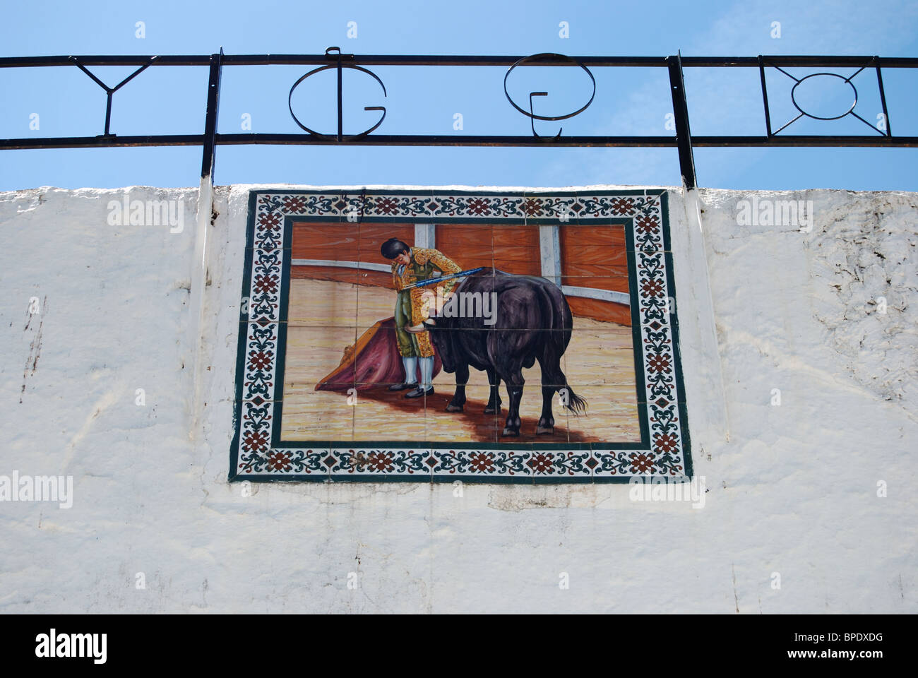 Ceramic picture of a bullfight on the bullring wall, Mijas, Costa del