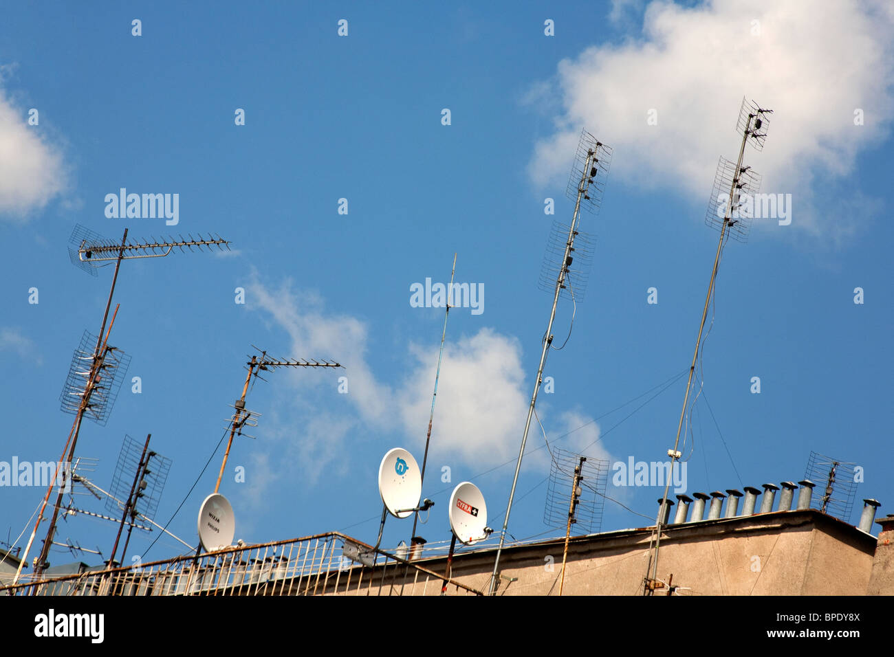 TV aerials and satellite dishes in Wroclaw Poland July 2010 Stock Photo