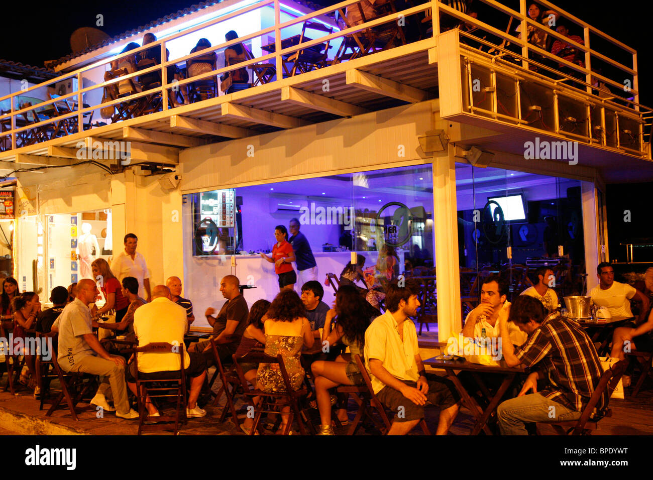 People at a Bar on Rua Das Pedras, Buzios, Rio de Janeiro State, Brazil. Stock Photo