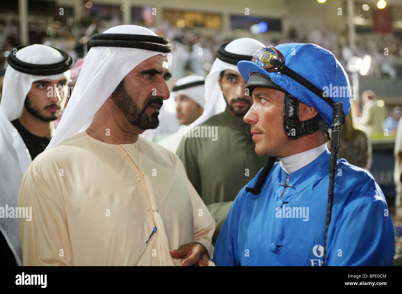 Sheikh Mohammed bin Rashid al Maktoum and a jockey, Dubai, United Arab Emirates Stock Photo