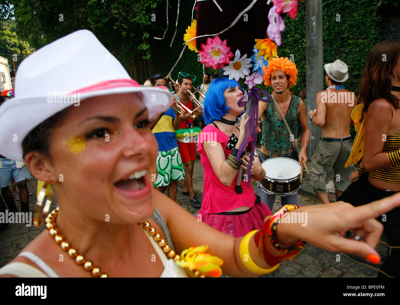 People celebrating Carnival at the streets of Santa Teresa, Rio de Janeiro, Brazil. Stock Photo