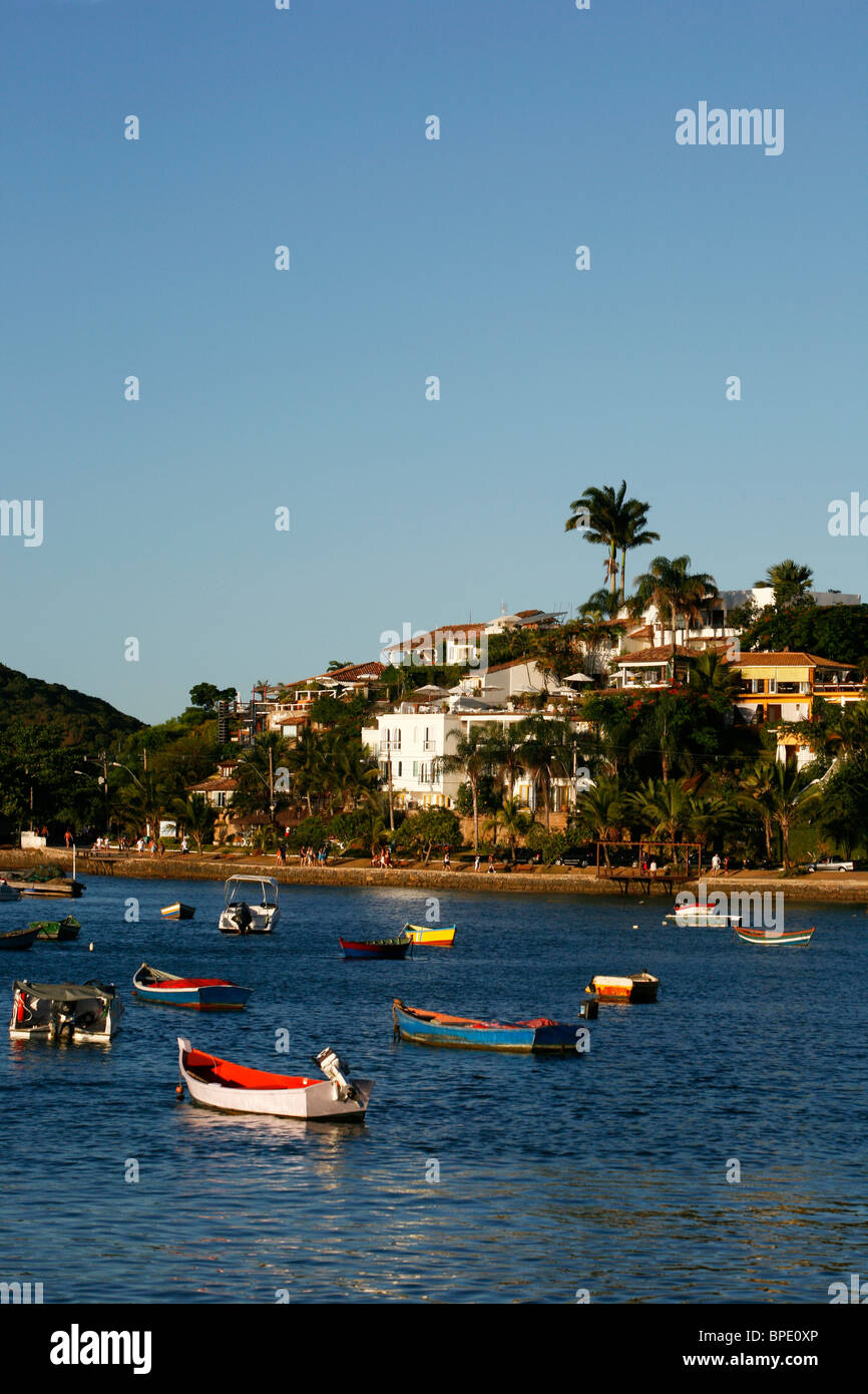 View over canto Beach and the Orla Bardot promenade that goes along. Buzios, Rio de Janeiro State, Brazil. Stock Photo