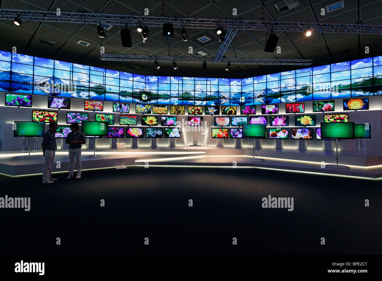 Berlin, IFA, Consumer Electronics Unlimited, many flat screens, LED TV, SL9000 Borderless, in an artistic installation by LG. Stock Photo