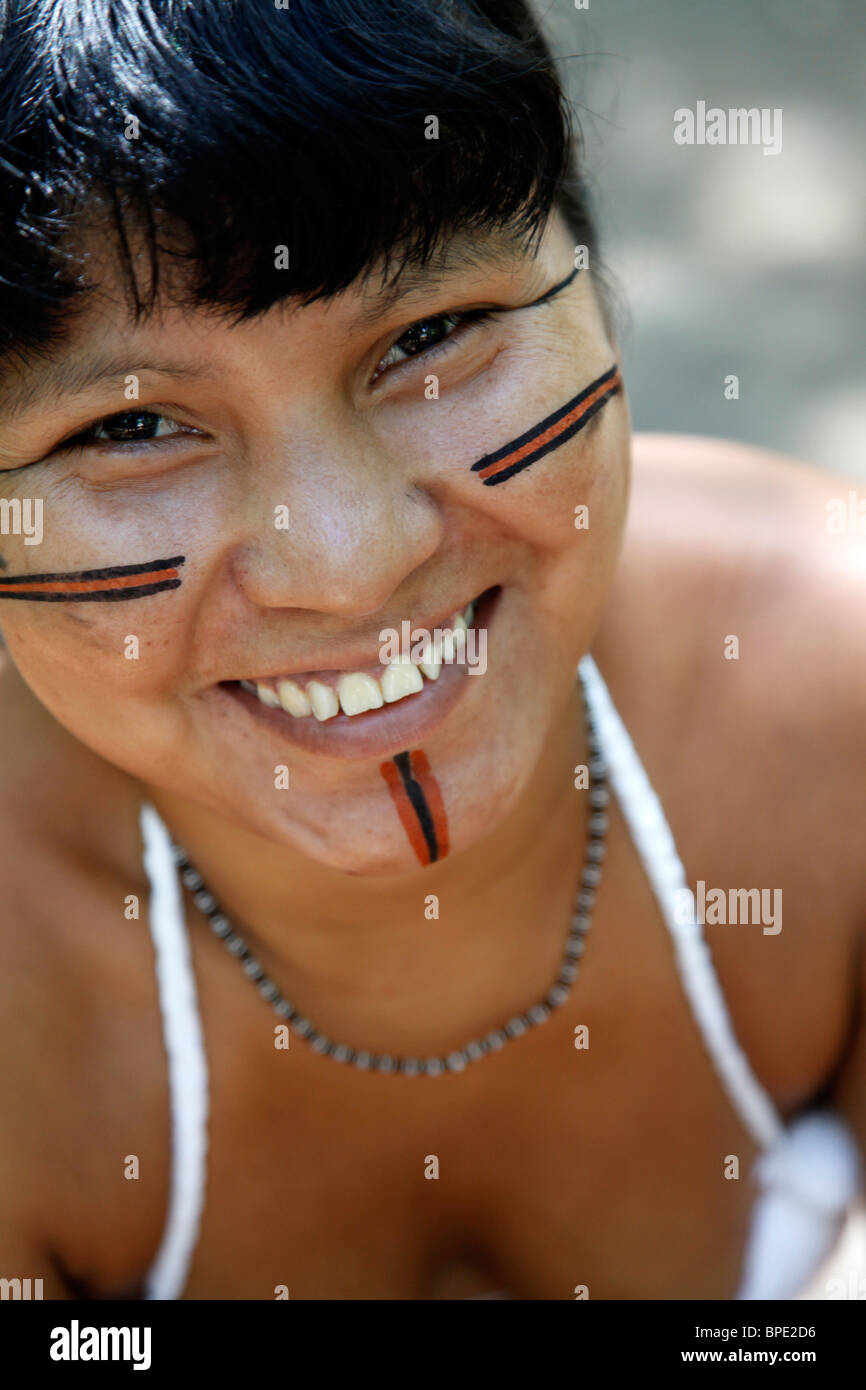 Potrait of a Pataxo Indian woman at the Reserva Indigena da Jaqueira near Porto Seguro, Bahia, Brazil. Stock Photo