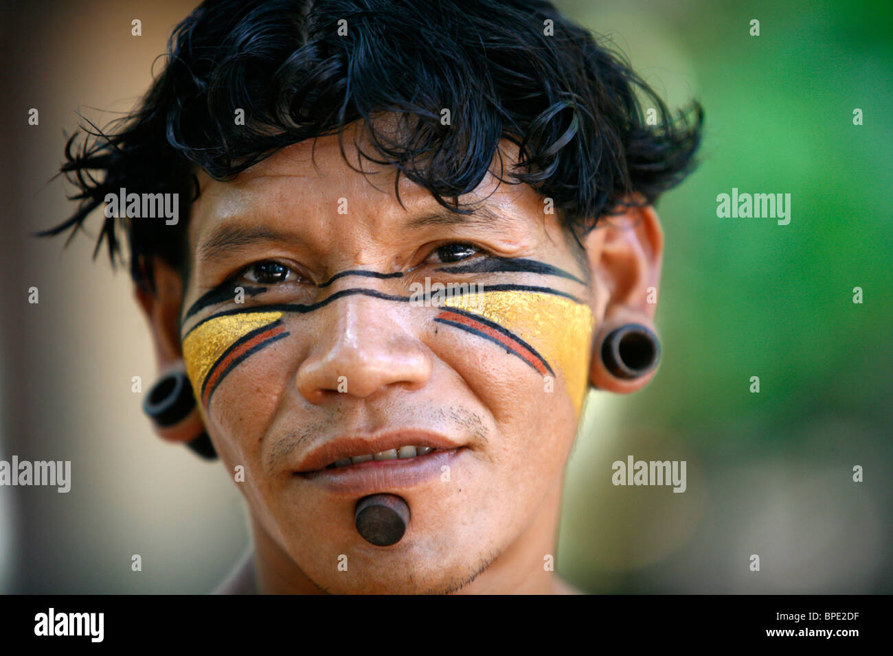 Portrait of a Pataxo Indian man at the Reserva Indigena da Jaqueira near Porto Seguro, Bahia, Brazil. Stock Photo