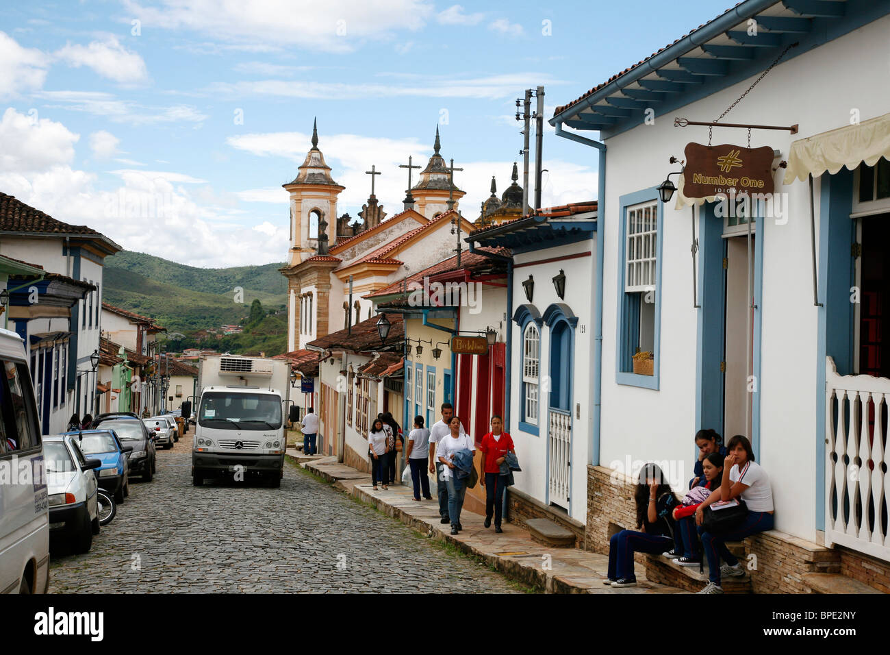 View over a street near Praca Minas Gerais with colonial buildings. Mariana, Minas Gerais, Brazil. Stock Photo