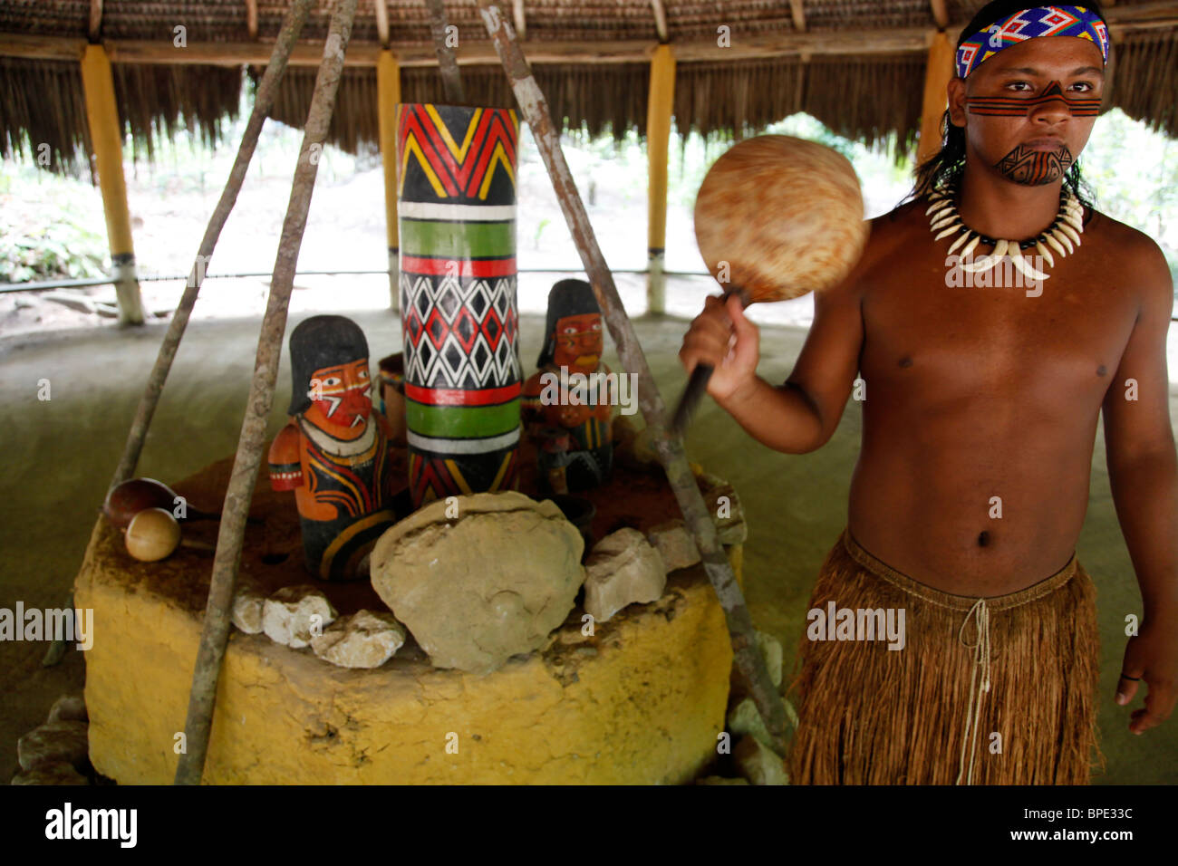 The ceremonial house of the Pataxo Indian people at the Reserva Indigena da Jaqueira near Porto Seguro, Bahia, Brazil. Stock Photo