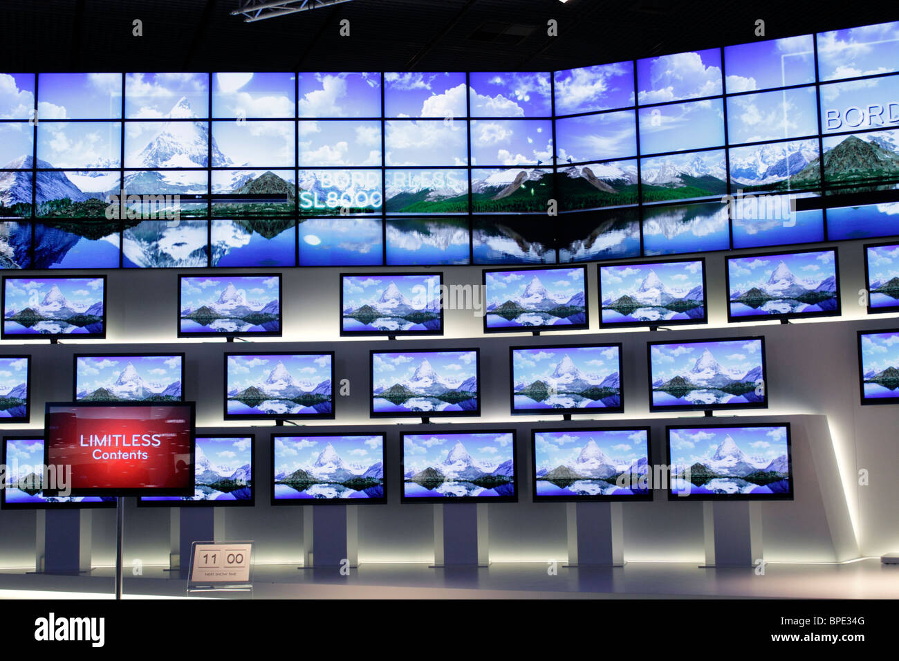 Berlin, IFA, Consumer Electronics Unlimited, many flat screens, LED TV, SL9000 Borderless, in an artistic installation by LG. Stock Photo