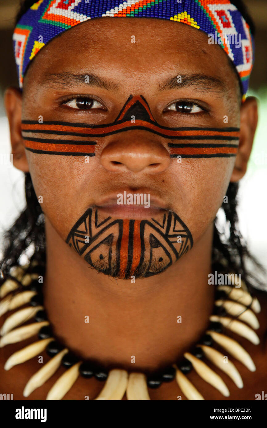 Portrait of a Pataxo Indian man at the Reserva Indigena da Jaqueira near Porto Seguro, Bahia, Brazil. Stock Photo