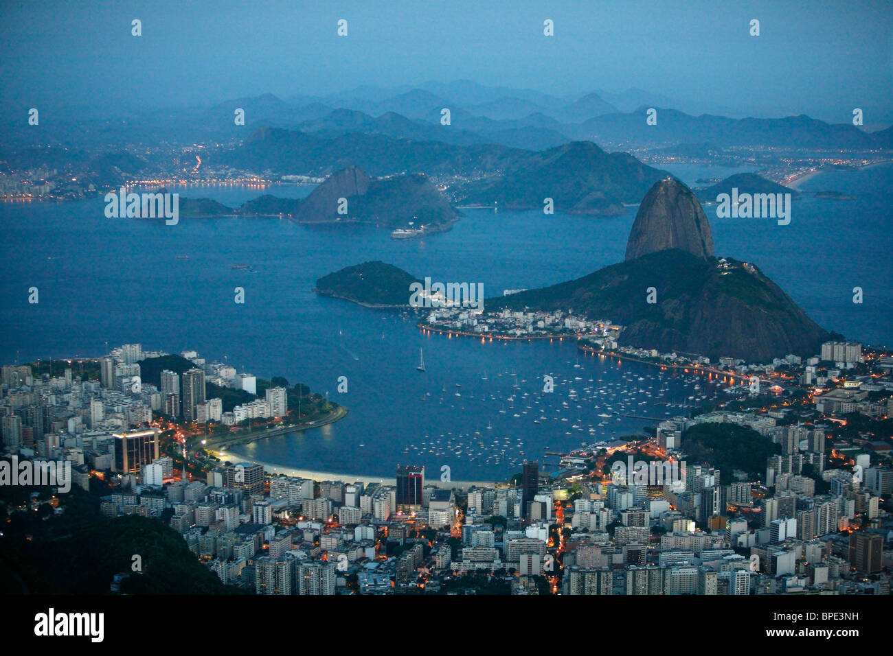 View of the Pao Acucar or Sugar loaf mountain and the bay of Botafogo, Rio de Janeiro, Brazil. Stock Photo