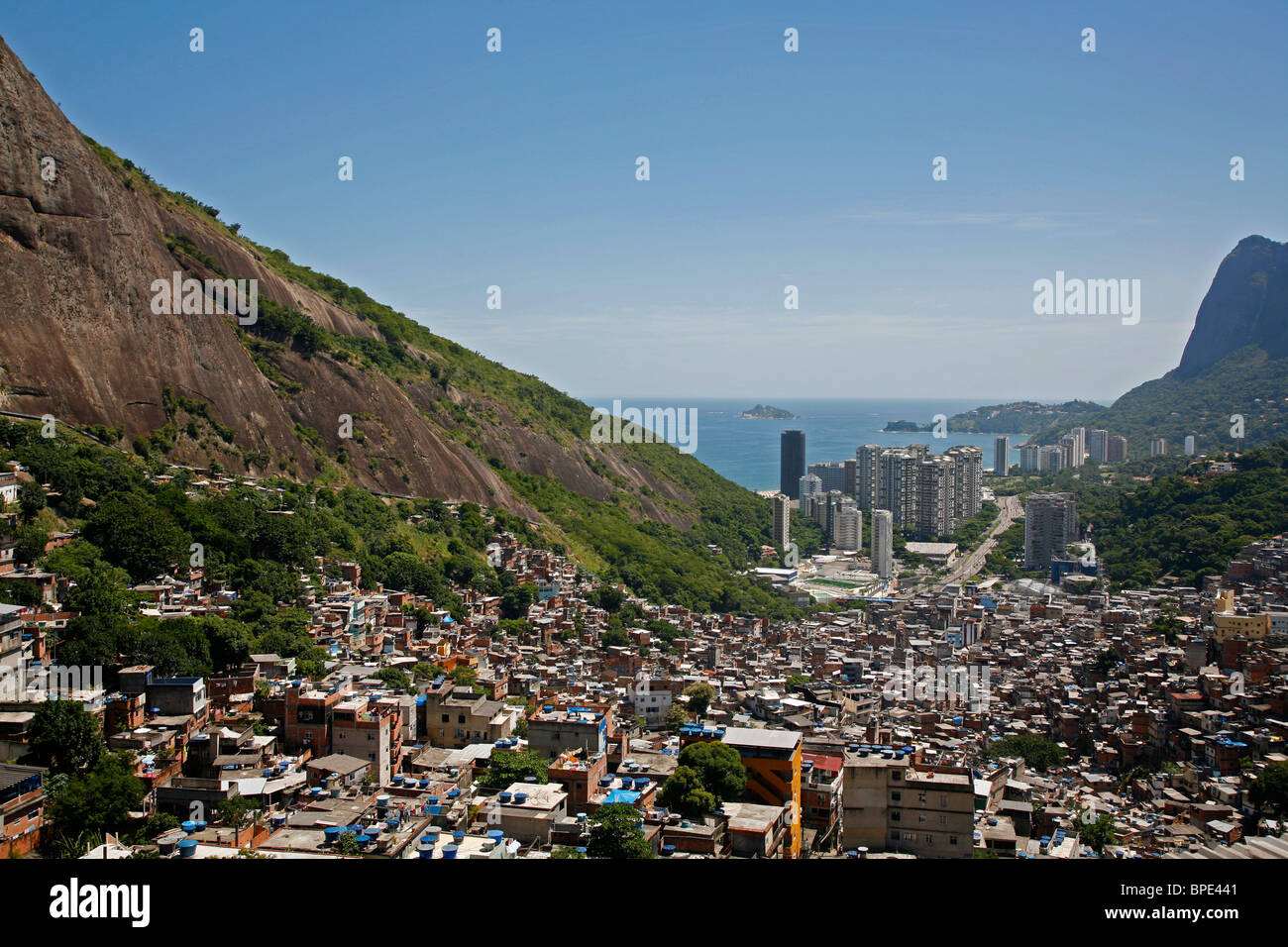 View down from the top of Rocinha favela, Rio de Janeiro, Brazil. Stock Photo
