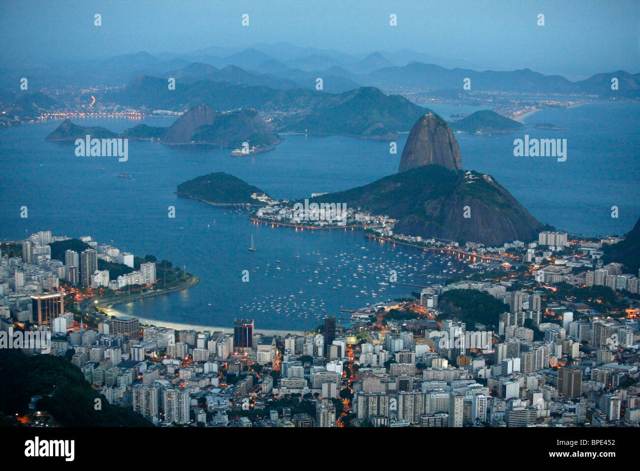 View of the Pao Acucar or Sugar loaf mountain and the bay of Botafogo, Rio de Janeiro, Brazil. Stock Photo