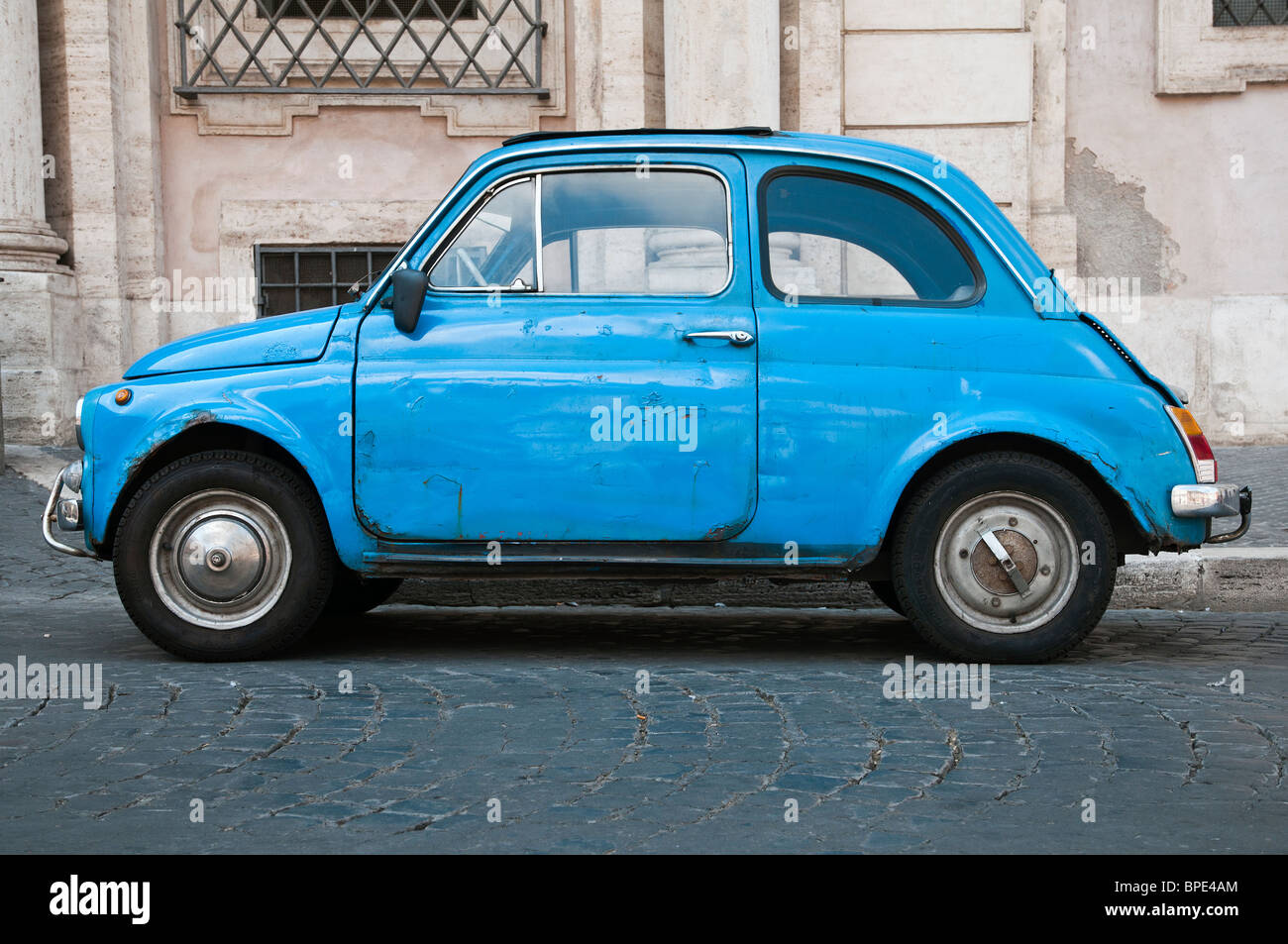 Old blue Fiat 500 car, Piazza Navona, Rome, Italy Stock Photo