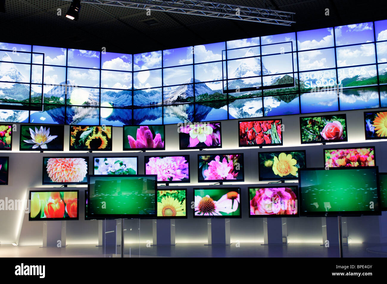 Berlin, IFA, Consumer Electronics Unlimited, many flat screens, LED TV, SL9000 Borderless, in an artistic installation by LG. Stock Photo