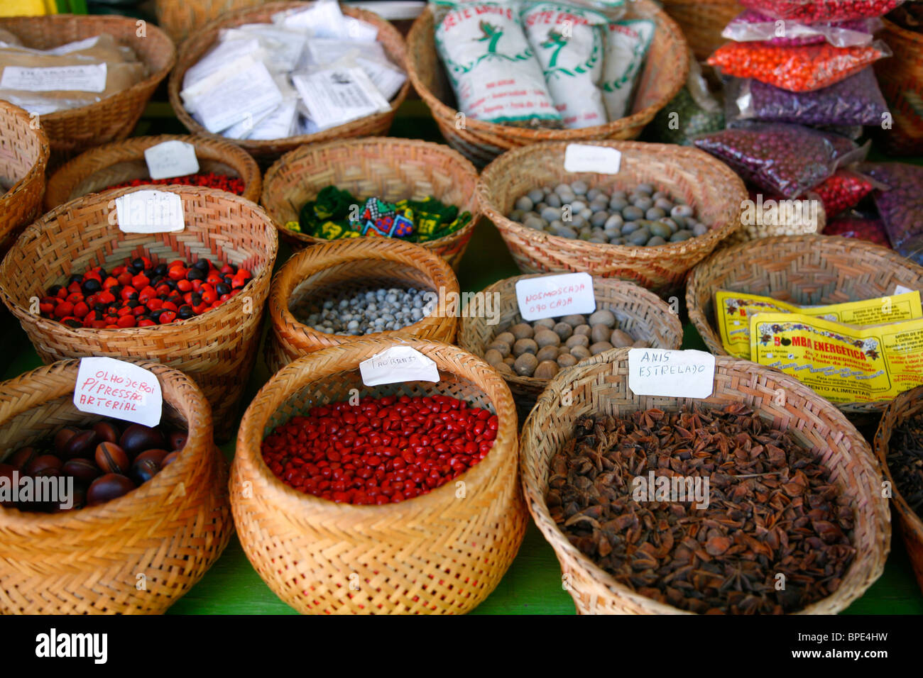 Spices at the market, Parati, Rio de Janeiro State, Brazil. Stock Photo