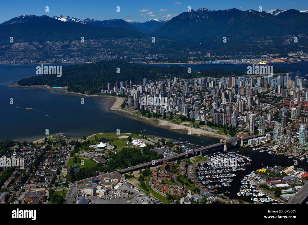 Vancouver, BC, Canada, Aerial View, Granville Island, City Center, False Creek and Stanley Park Stock Photo