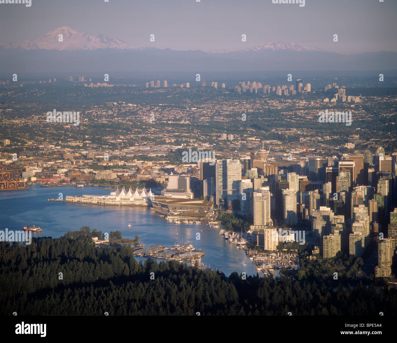 Aerial photo of Vancouver, British Columbia, Canada with Canada Place and Mount Baker Stock Photo