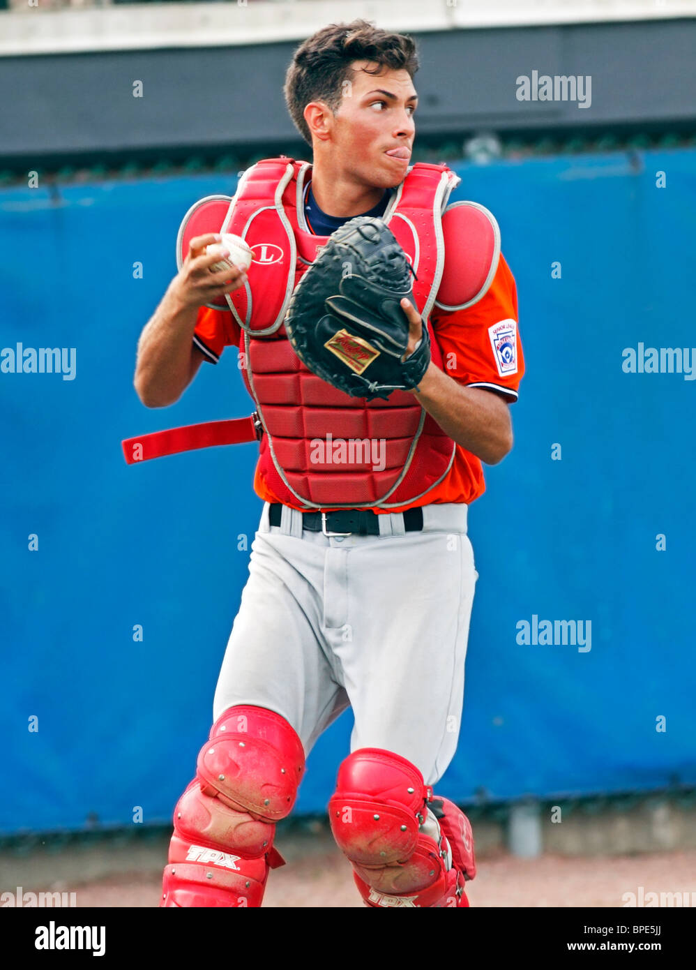 Catcher Alessandro Grimaudo of Europe-Middle East-Africa (Lazio, Italy) at the 2010 Senior League Baseball World Series. Stock Photo