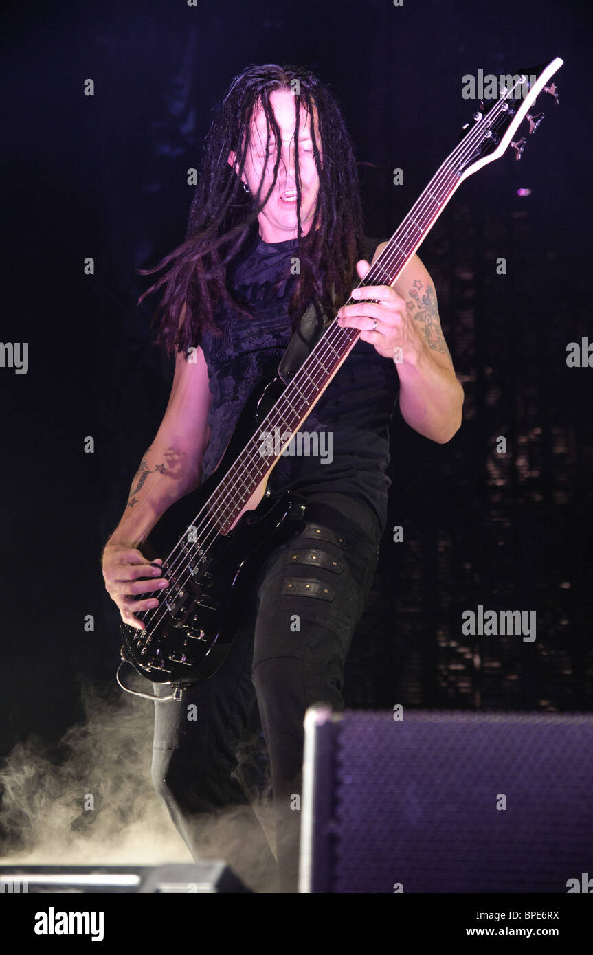 Disturbed's John Moyer performing during the Rockstar Uproar Tour at Nationwide Arena in Columbus, Ohio Stock Photo