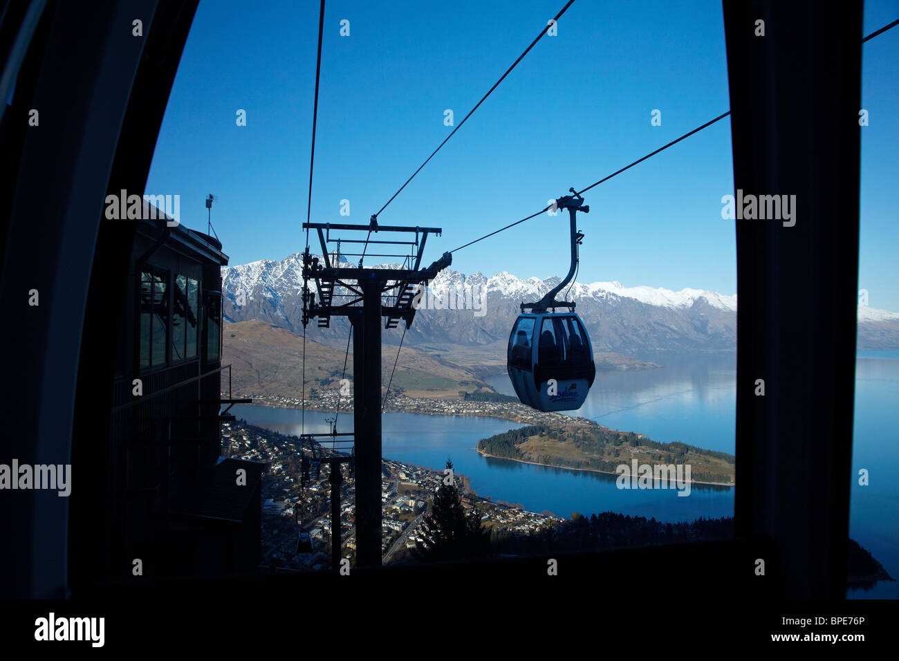 Skyline Gondola, The Remarkables and Lake Wakatipu, Queenstown, South Island, New Zealand Stock Photo